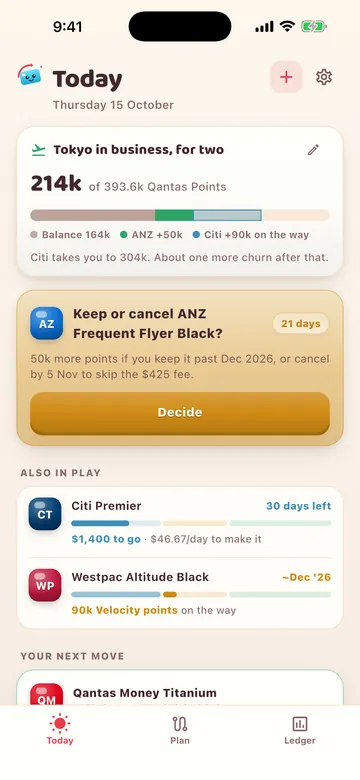 Churnie's Today screen tracking points toward Tokyo in business for two