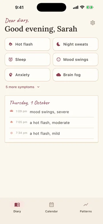 The Hot Flash Diary page: Dear diary, good evening, with symptom buttons and today's entries